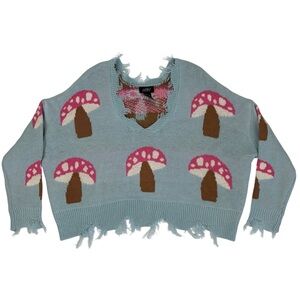 Just Polly Blue Mushroom Distressed Edge V Neck Oversized Crop Sweater L